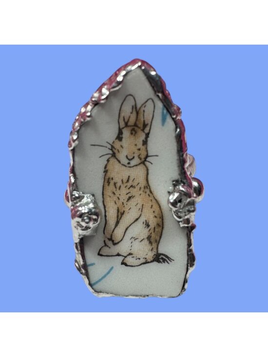 Handcrafted Jewelry - Hand Crafted Peter Rabbit Wedgewood Broken China Ring W/ Silver Spoon Bowl Band